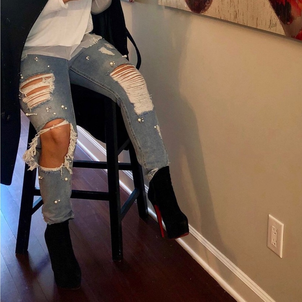 Distressed Jeans with Pearl Embellishments